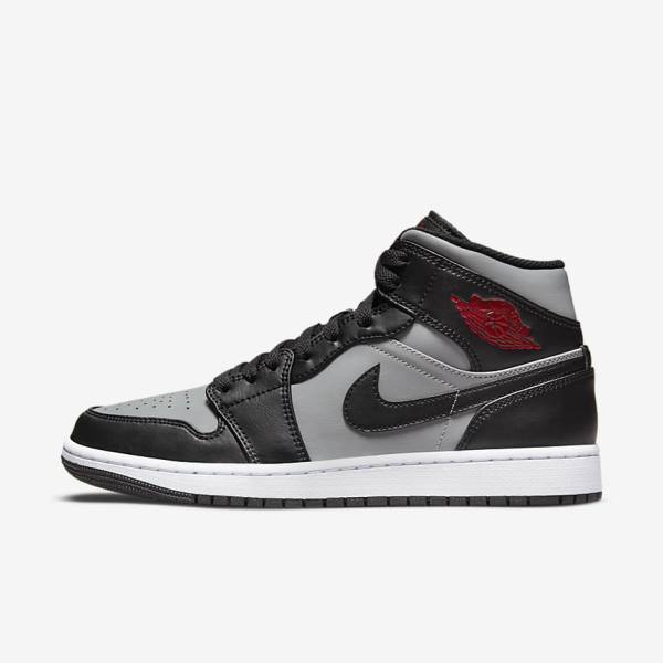 Nike Air Jordan 1 Mid Muške Tenisice Crne Sive Bijele Crvene | NK975NFM