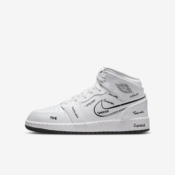 Nike Air Jordan 1 Mid Older Dječje Jordan Tenisice Bijele Crne | NK396UZB