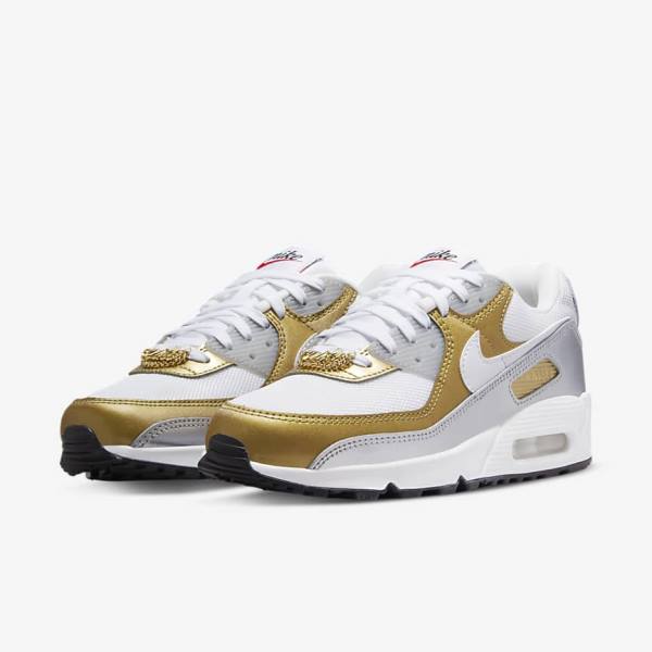 Nike Air Max 90 SE Ženske Tenisice Bijele Metalne Zlatne Metalne Srebrne Bijele | NK910WUD