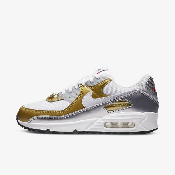 Nike Air Max 90 SE Ženske Tenisice Bijele Metalne Zlatne Metalne Srebrne Bijele | NK910WUD