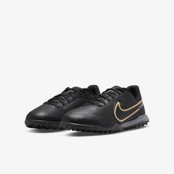 Nike Jr. Tiempo Legend 9 Academy TF Older Turf Dječje Tenisice Za Nogomet Crne Tamno Sive Metalne Zlatne Crne | NK719EQR