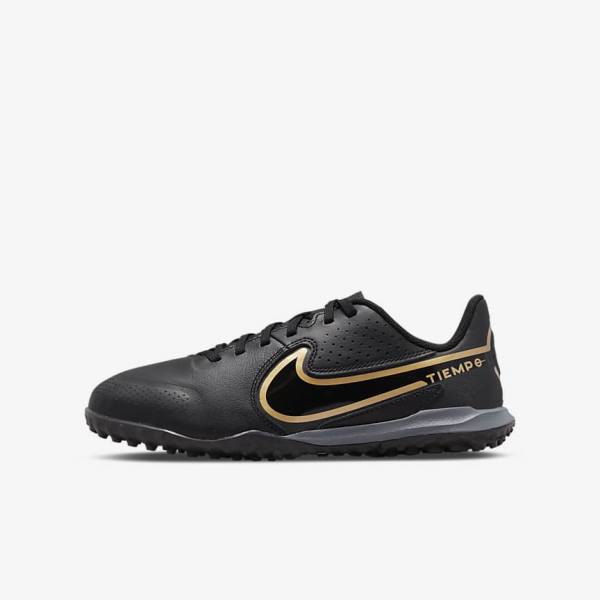 Nike Jr. Tiempo Legend 9 Academy TF Older Turf Dječje Tenisice Za Nogomet Crne Tamno Sive Metalne Zlatne Crne | NK719EQR