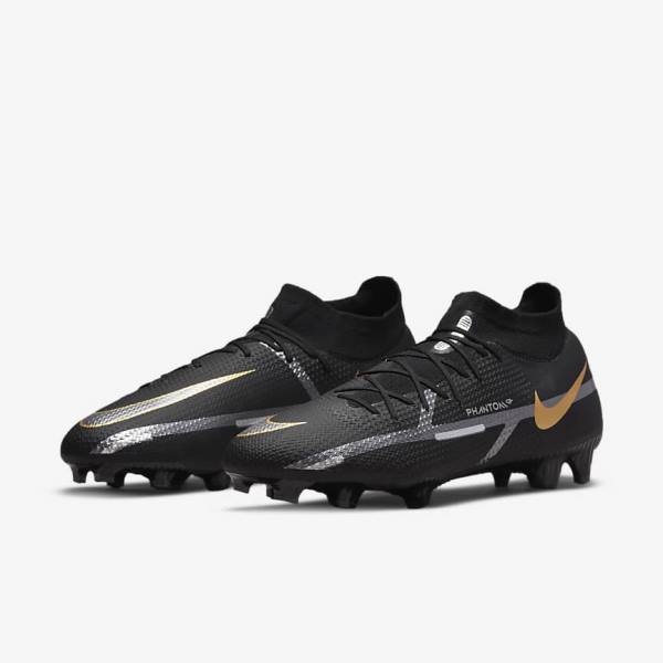 Nike Phantom GT2 Pro Dynamic Fit FG Firm-Ground Muške Tenisice Za Nogomet Crne Metalne Zlatne Metalne Srebrne Metalne Tamno Sive | NK806IJQ