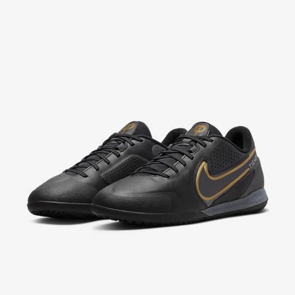 Nike React Tiempo Legend 9 Pro IC Indoor-Court Ženske Tenisice Za Nogomet Crne Tamno Sive Metalne Zlatne Metalne Tamno Sive | NK176DCM