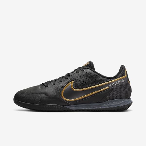 Nike React Tiempo Legend 9 Pro IC Indoor-Court Ženske Tenisice Za Nogomet Crne Tamno Sive Metalne Zlatne Metalne Tamno Sive | NK176DCM