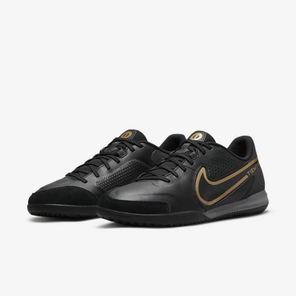 Nike Tiempo Legend 9 Academy IC Indoor-Court Ženske Tenisice Za Nogomet Crne Tamno Sive Metalne Zlatne Crne | NK042RXB