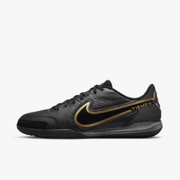 Nike Tiempo Legend 9 Academy IC Indoor-Court Ženske Tenisice Za Nogomet Crne Tamno Sive Metalne Zlatne Crne | NK042RXB